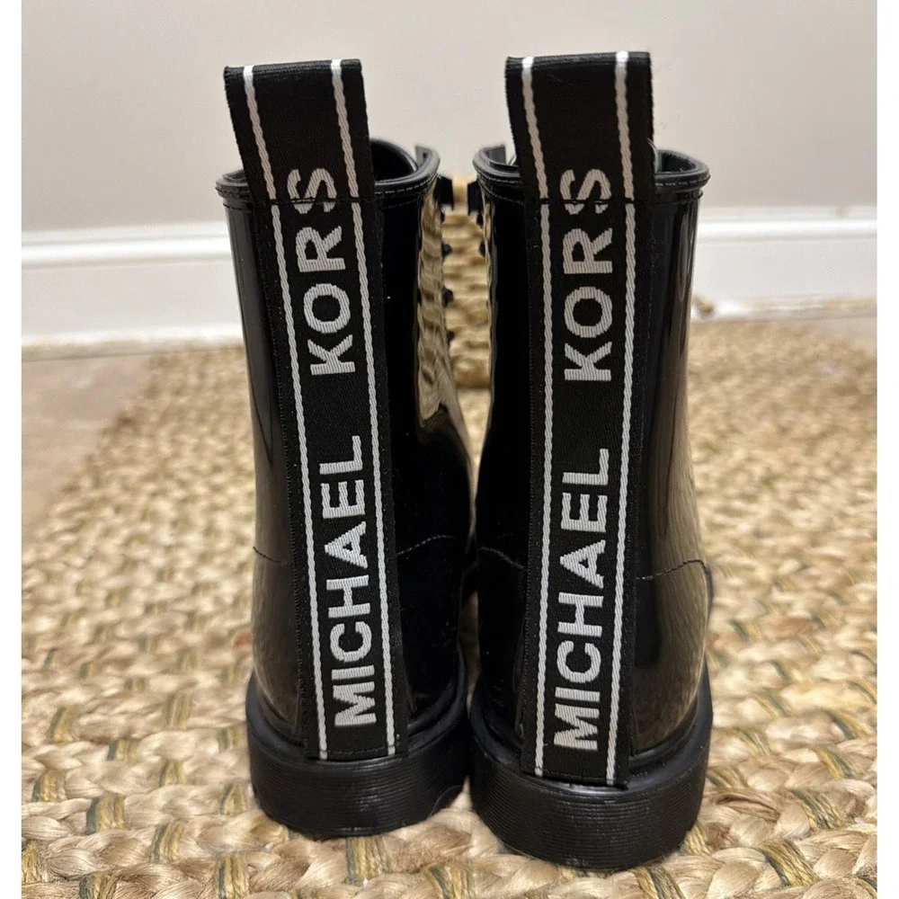 Michael Kors Tavie Rain Boots Black Patent Waterproof Combat Boots Womens‎ 7